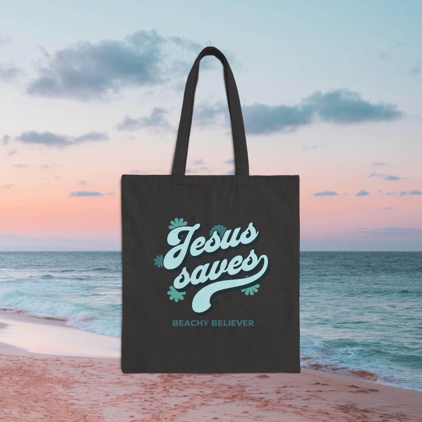 Aqua Retro Floral Jesus Saves, Black Cotton Canvas Tote Bag