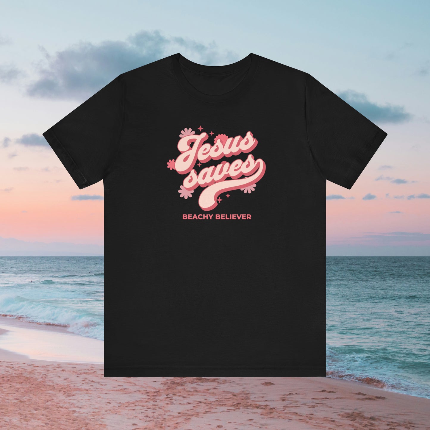 Pink Retro Floral Jesus Saves T-Shirt