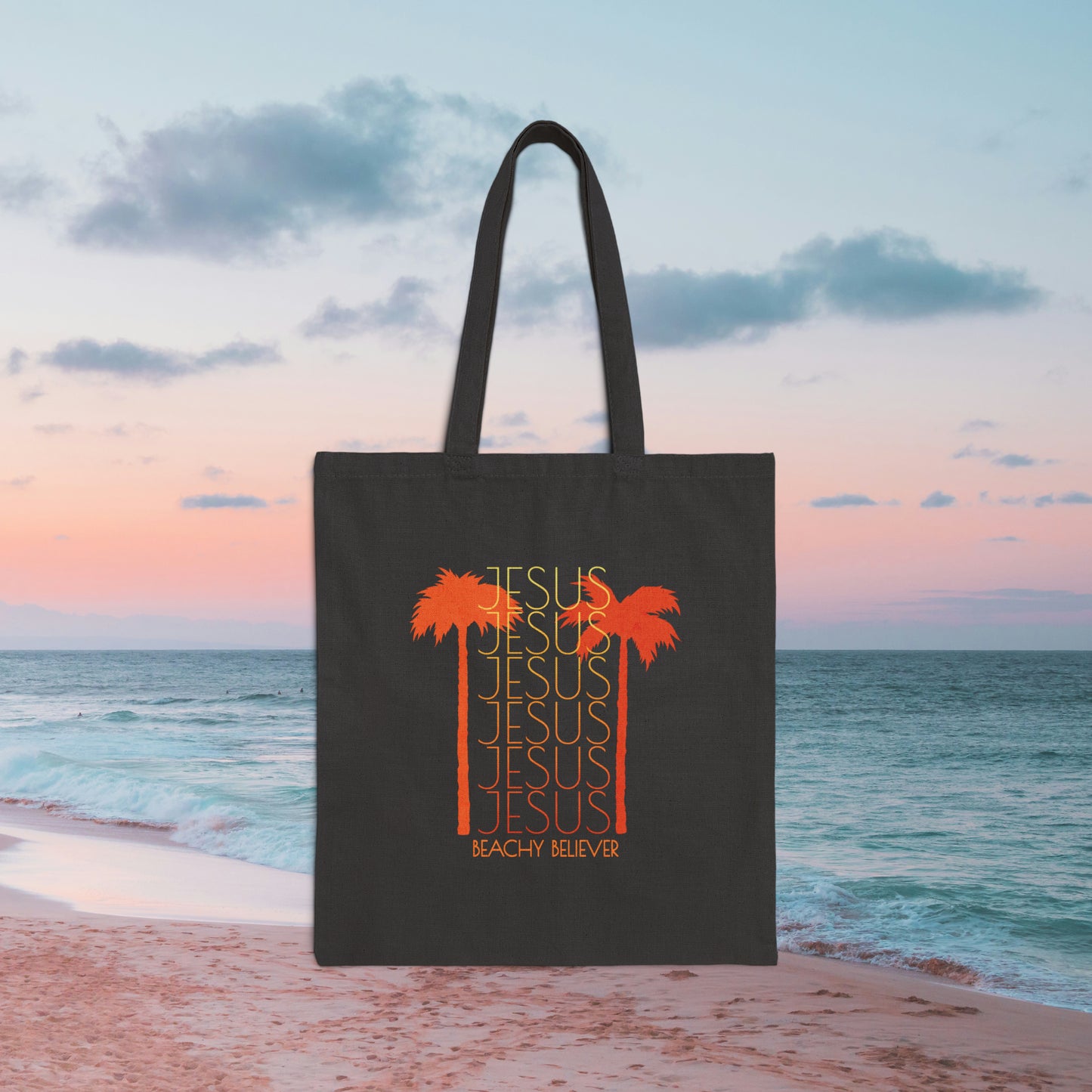 Repeating Jesus Gradient With Palm Trees, Black Cotton Canvas Tote Bag