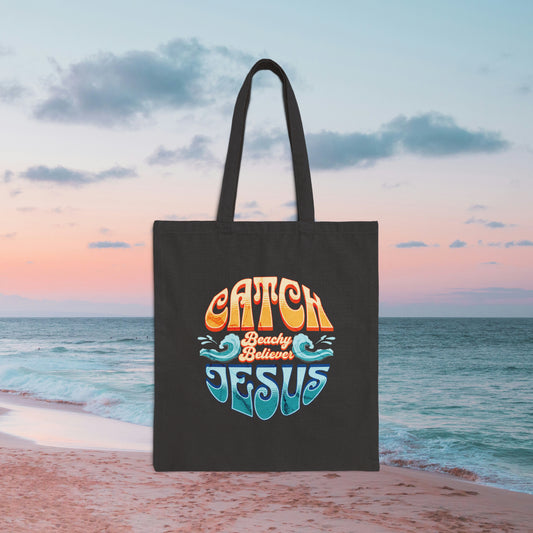 Black, Catch Jesus Circle Wave, Cotton Canvas Tote Bag