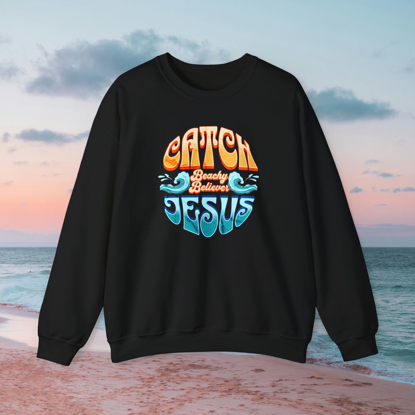 Round Retro,  Catch Jesus With Waves, Christian Crewneck Sweatshirt