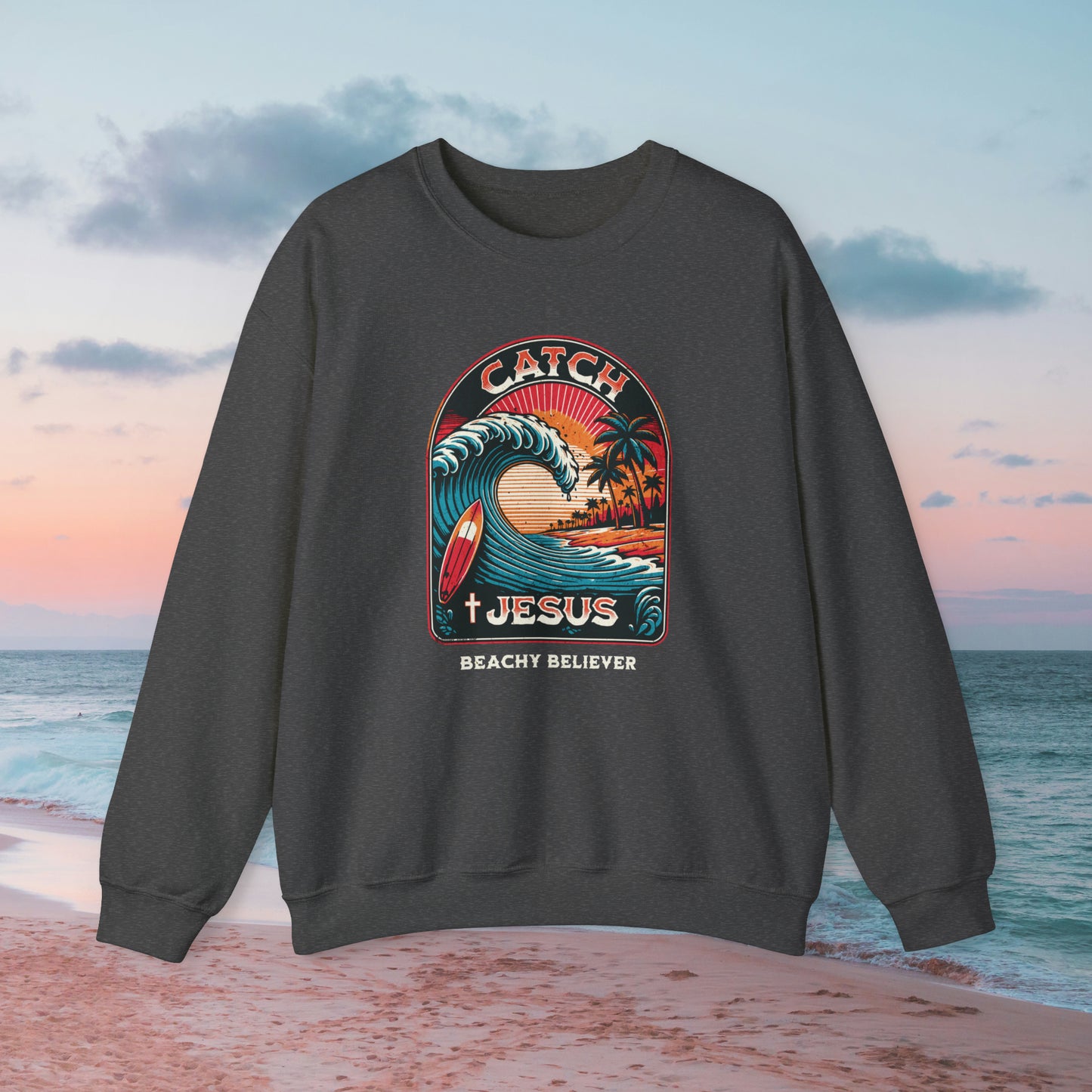 Retro Tattoo style Catch Jesus, Big Wave Crewneck Sweatshirt