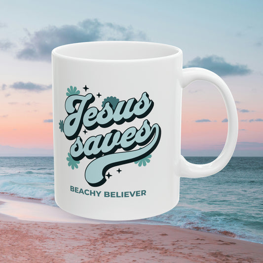 Aqua Floral Jesus Saves, Christian Ceramic Mug, 11oz