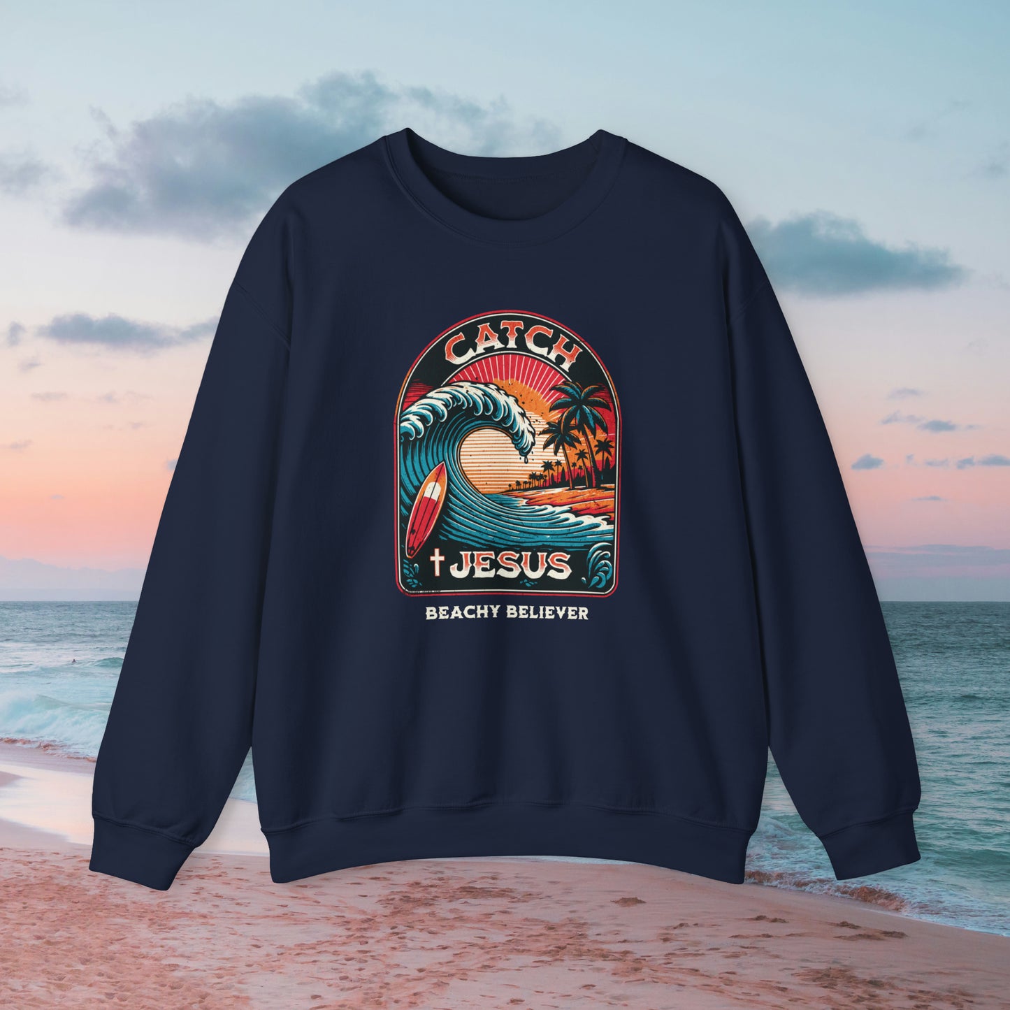 Retro Tattoo style Catch Jesus, Big Wave Crewneck Sweatshirt