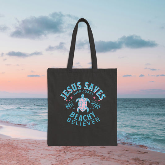 Black Sea Turtle Jesus Saves Cotton Canvas Tote Bag