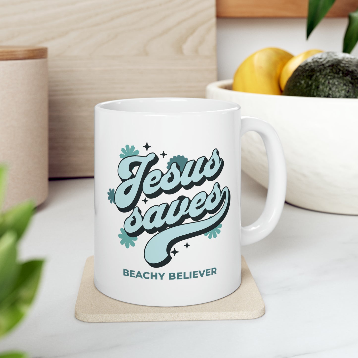 Aqua Floral Jesus Saves, Christian Ceramic Mug, 11oz