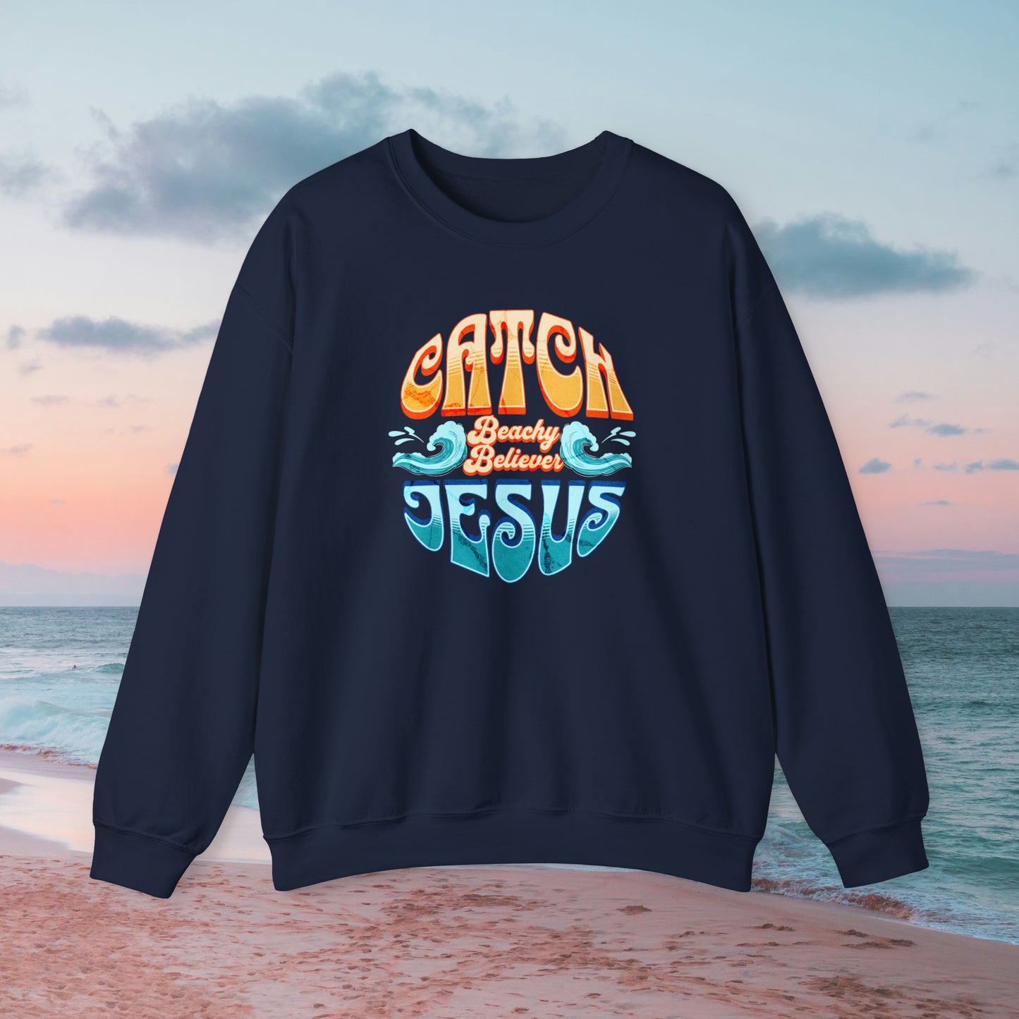 Round Retro,  Catch Jesus With Waves, Christian Crewneck Sweatshirt