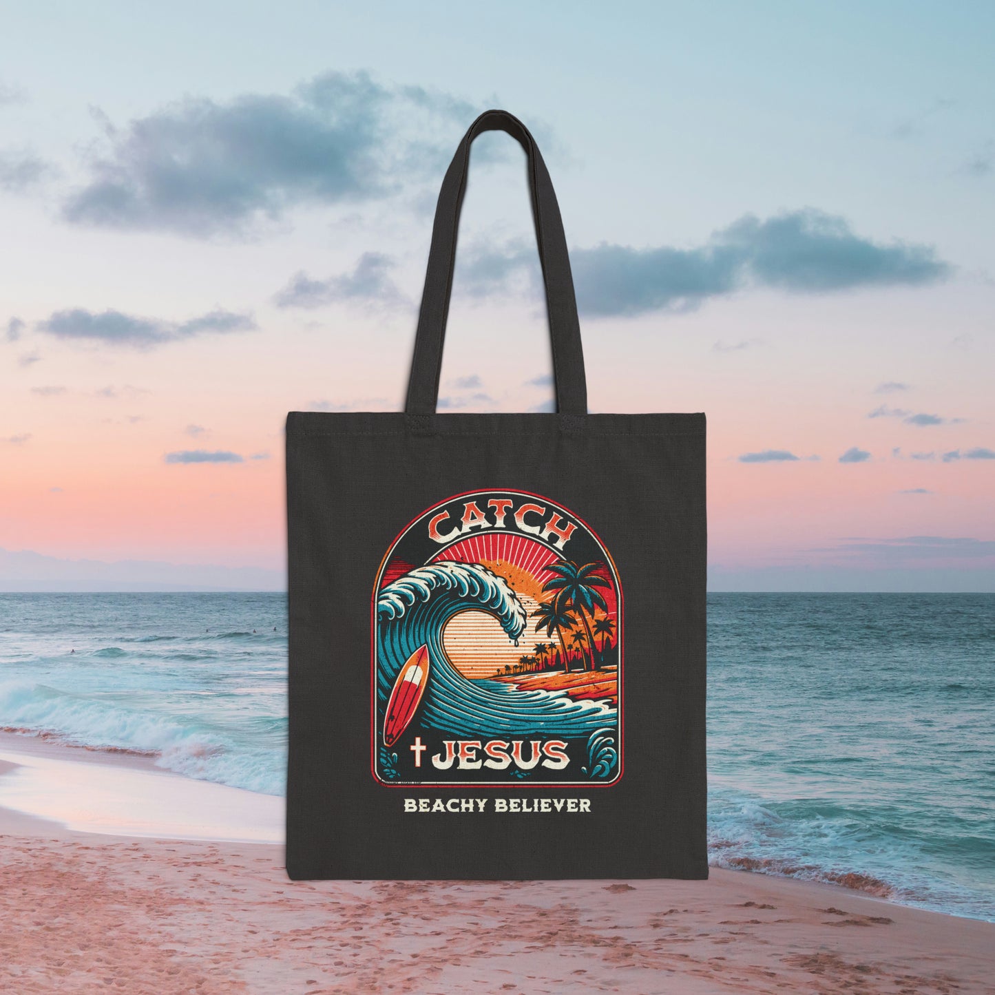 Black Tattoo Style Retro Catch Jesus Cotton Canvas Tote Bag