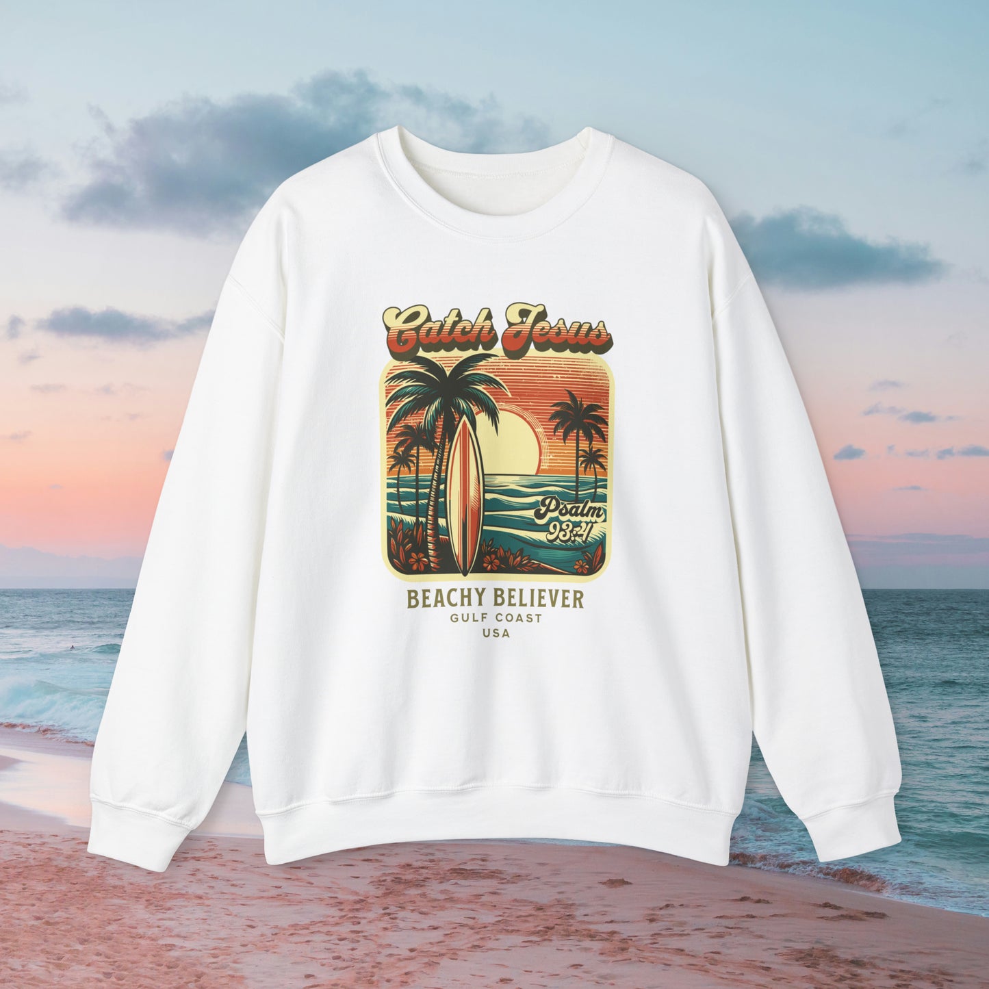 Sunrise Surfboard Palm Tree, Catch Jesus, Beachy Believer, Christian Crewneck Sweatshirt