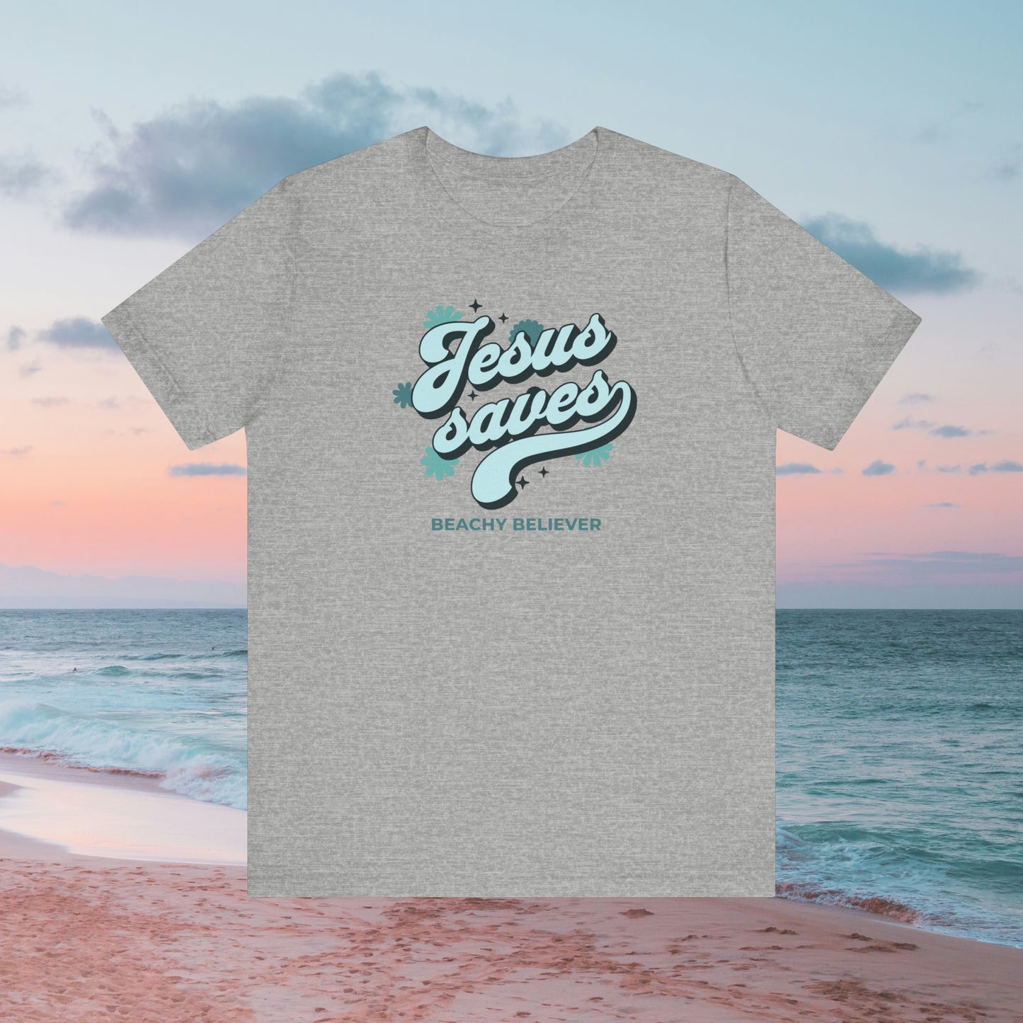 Aqua Floral Retro, Jesus Saves, Christian T-Shirt