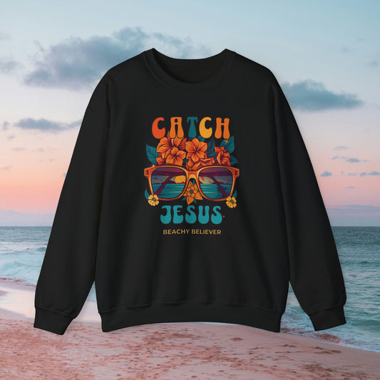 Sunglasses and Flowers, Catch Jesus, Christian Crewneck Sweatshirt