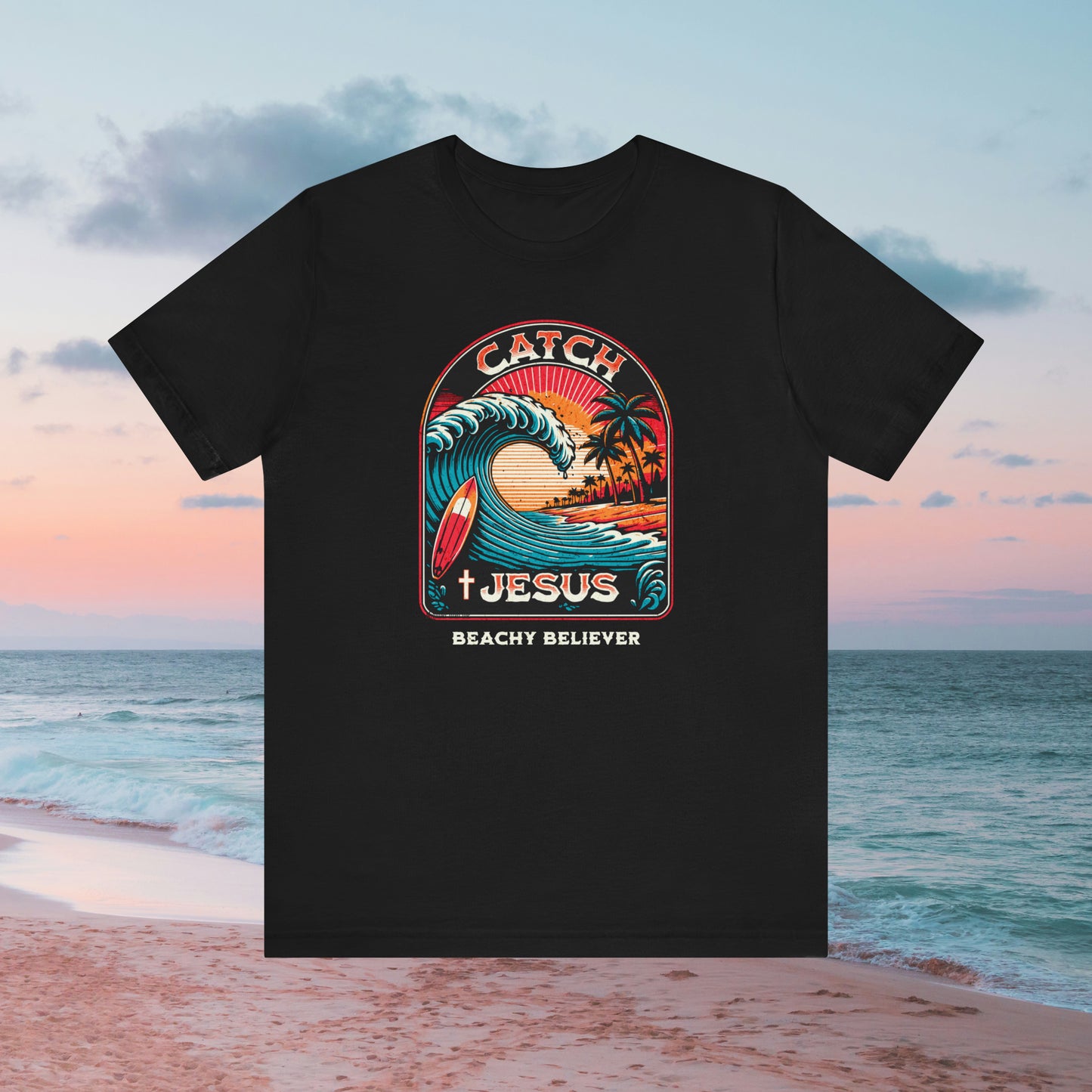 Retro Style Large Wave Catch Jesus, Christian T-Shirt