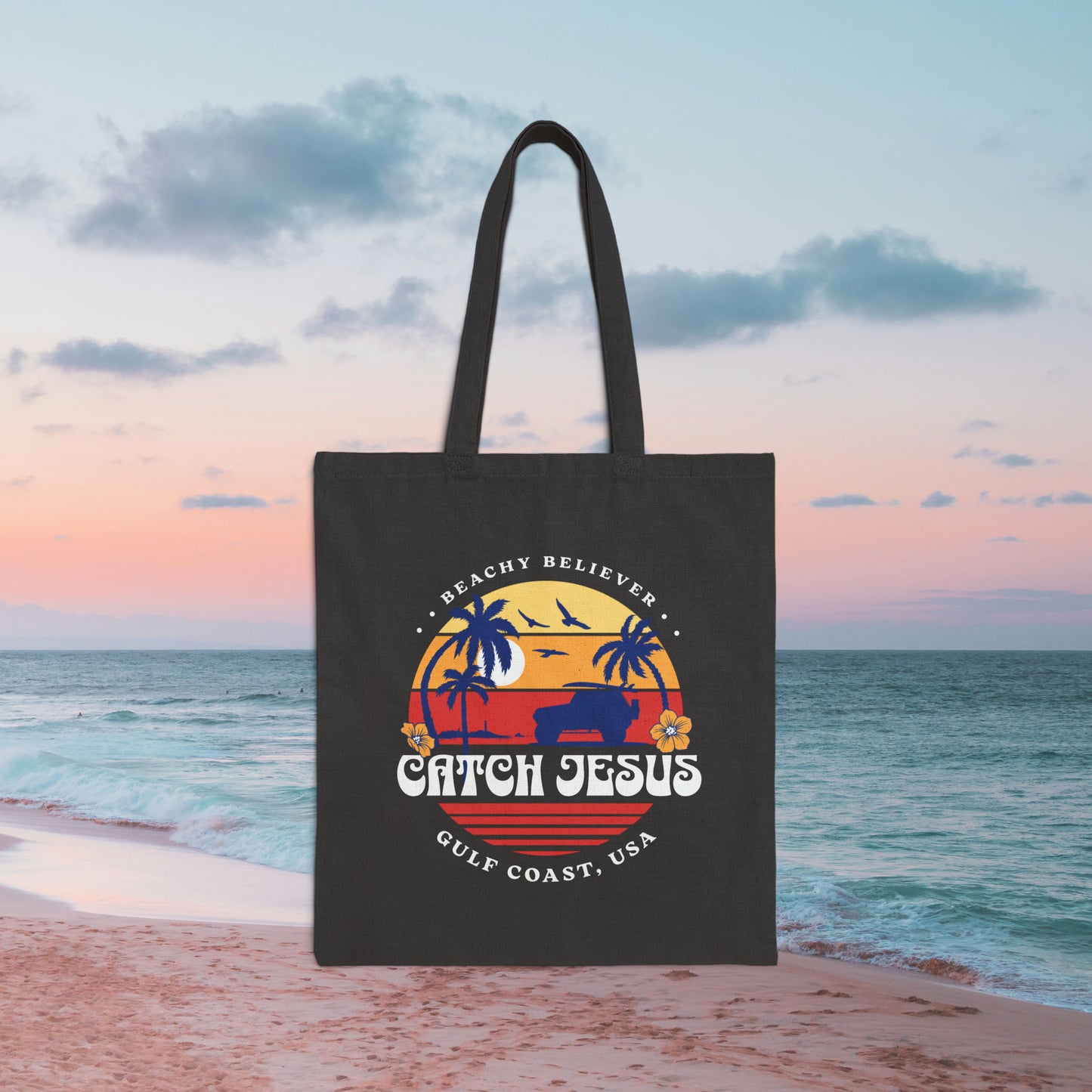 Off Road Sunset Surf, Catch Jesus, Christian, Black Cotton Canvas Tote Bag