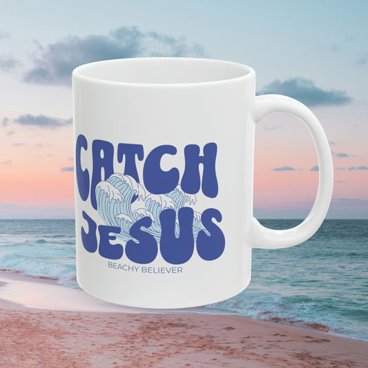 Blue Retro Letters with Wave, Catch Jesus, Christian Ceramic Mug, 11oz