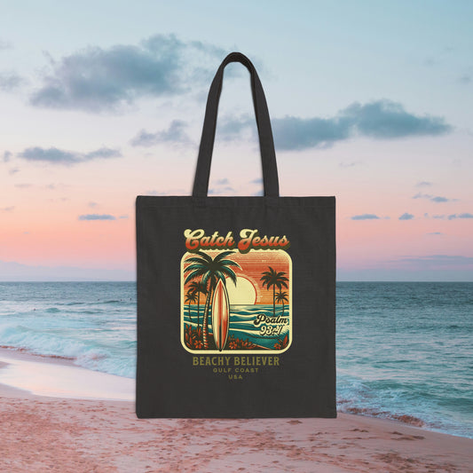 Black, Beachy Believer, Gulf Coast USA, Catch Jesus, Cotton Canvas Tote Bag