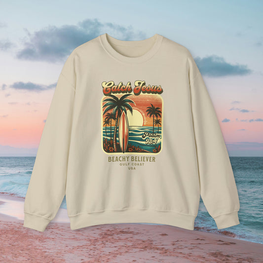 Sunrise Surfboard Palm Tree, Catch Jesus, Beachy Believer, Christian Crewneck Sweatshirt