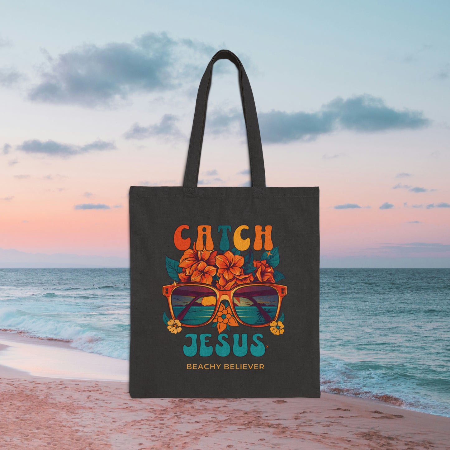 Black Sunglasses and Flowers, Retro Catch Jesus Cotton Canvas Tote Bag