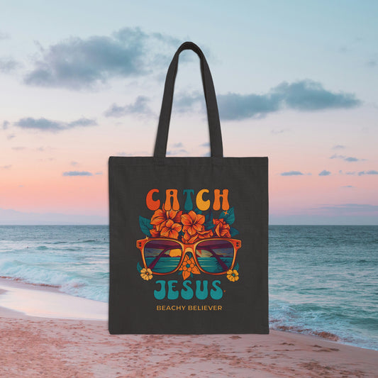 Black Sunglasses and Flowers, Retro Catch Jesus Cotton Canvas Tote Bag