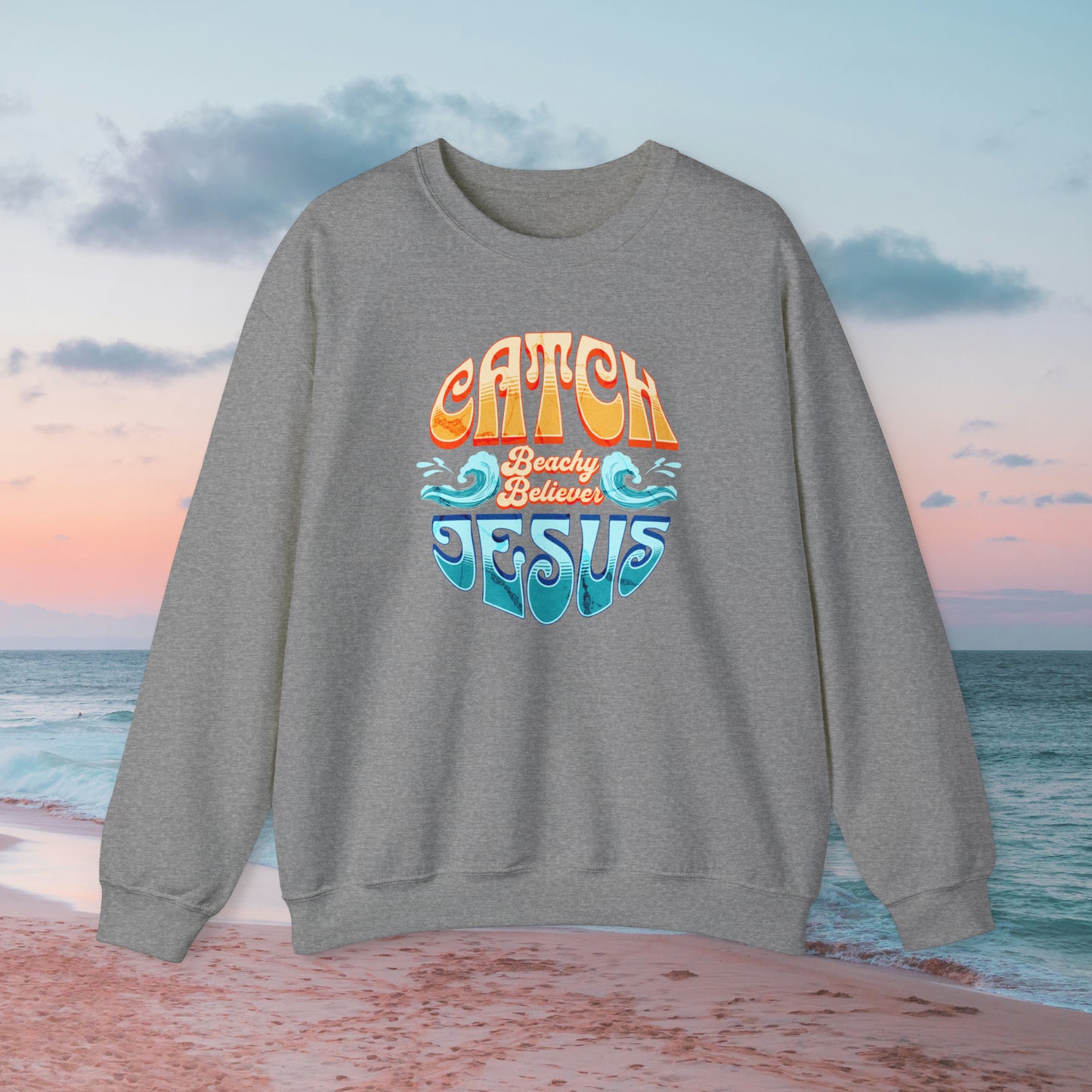 Round Retro,  Catch Jesus With Waves, Christian Crewneck Sweatshirt