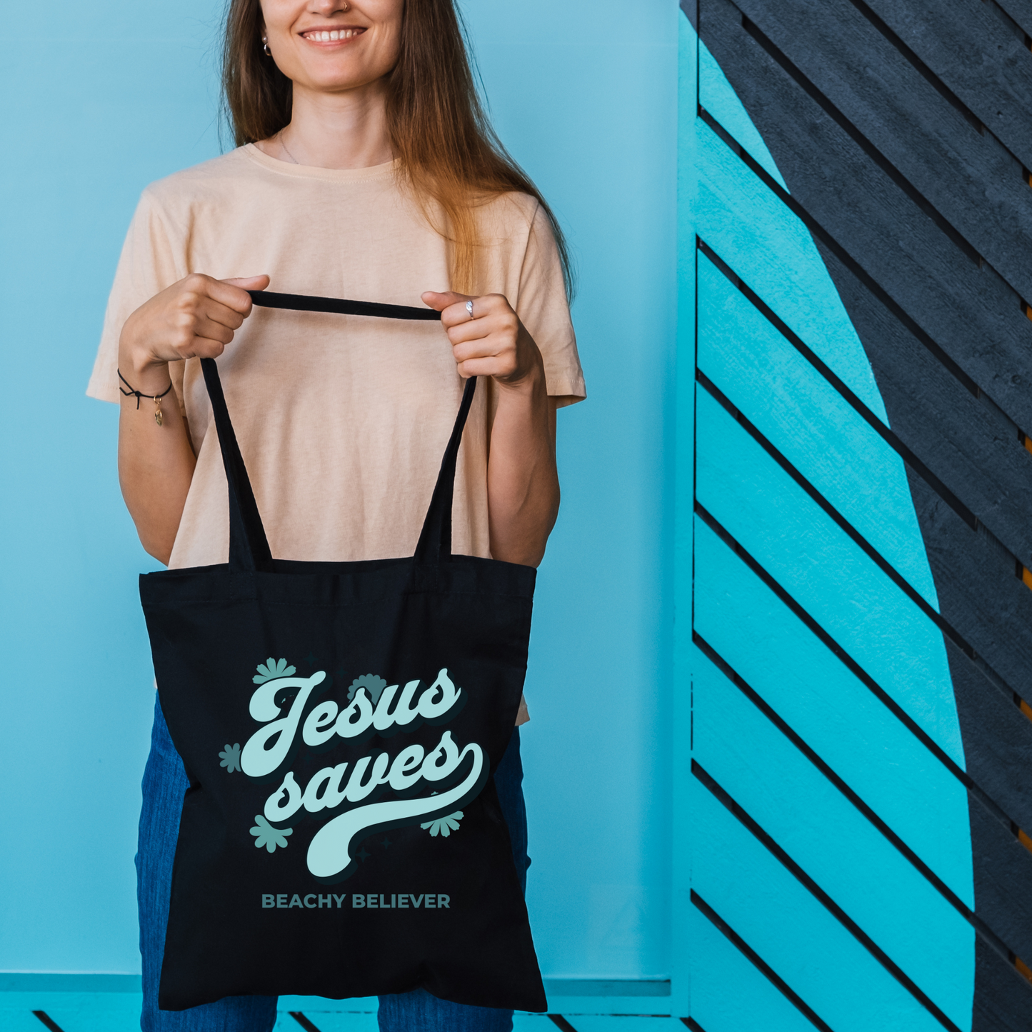 Aqua Retro Floral Jesus Saves, Black Cotton Canvas Tote Bag