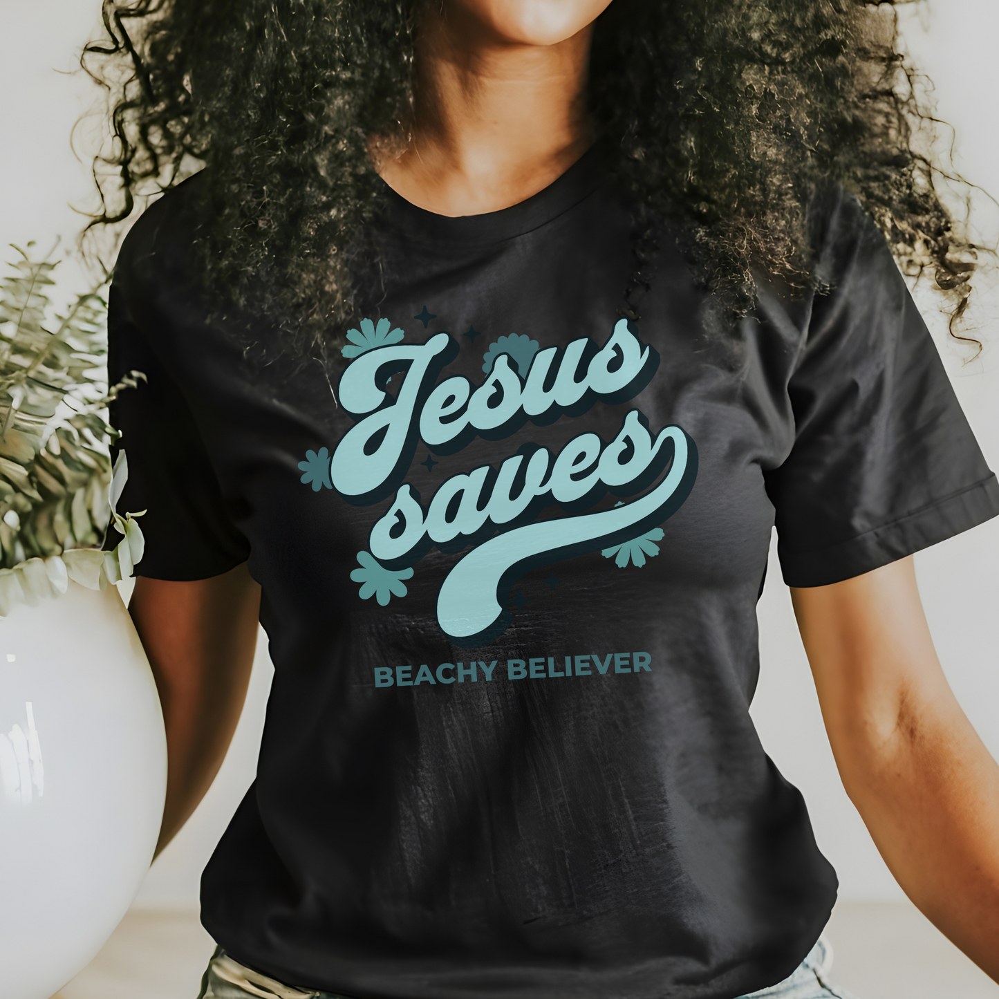 Aqua Floral Retro, Jesus Saves, Christian T-Shirt