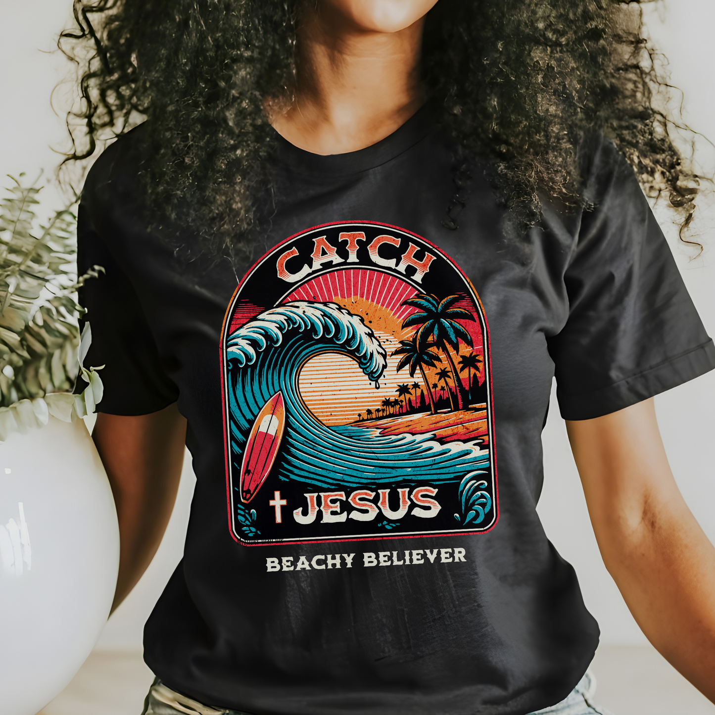 Retro Style Large Wave Catch Jesus, Christian T-Shirt