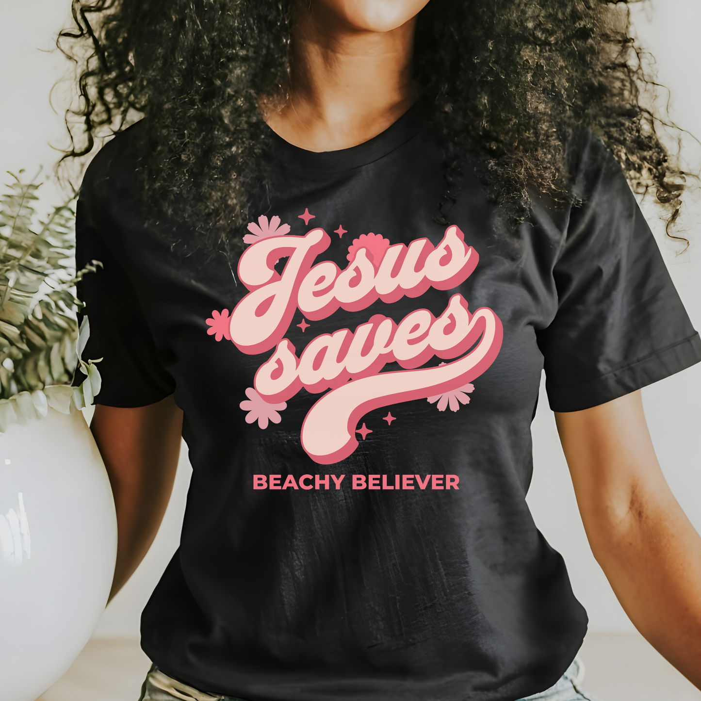 Pink Retro Floral Jesus Saves T-Shirt