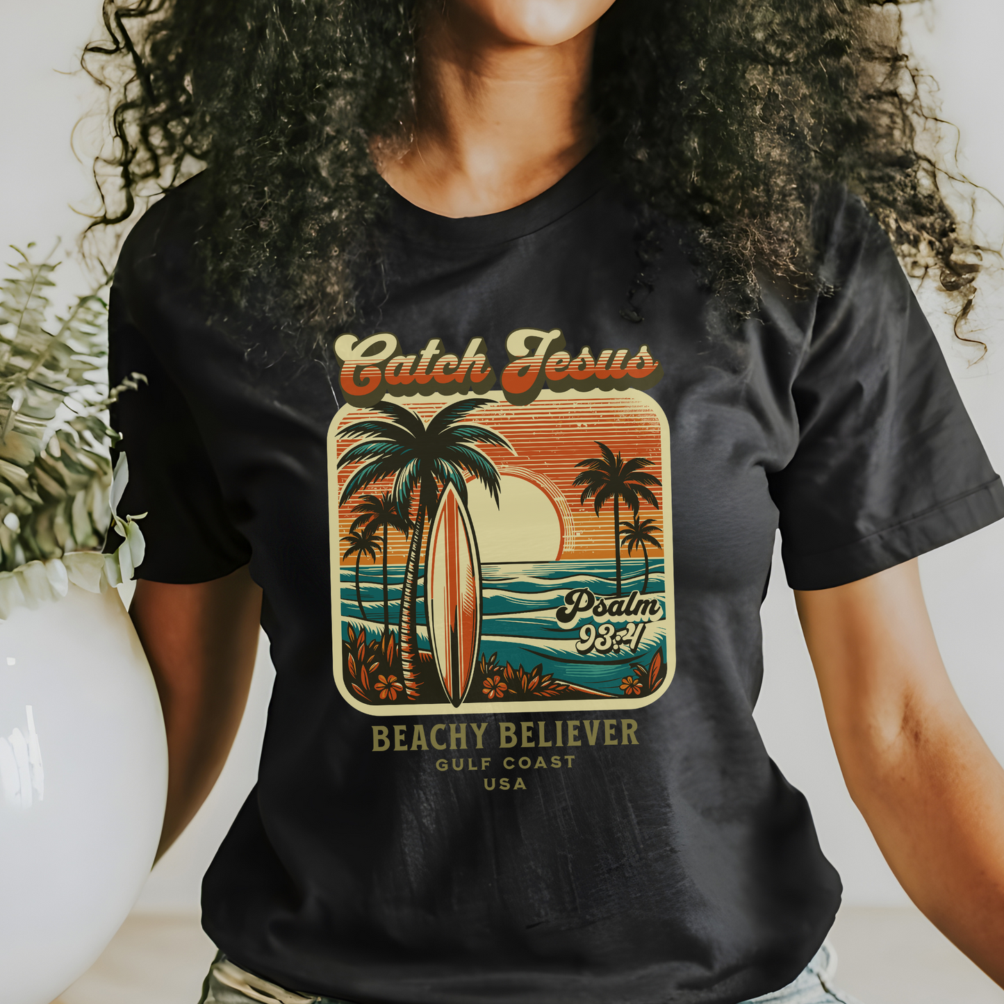 Catch Jesus Retro Sunset, Surf Board and Palm Trees T-Shirt