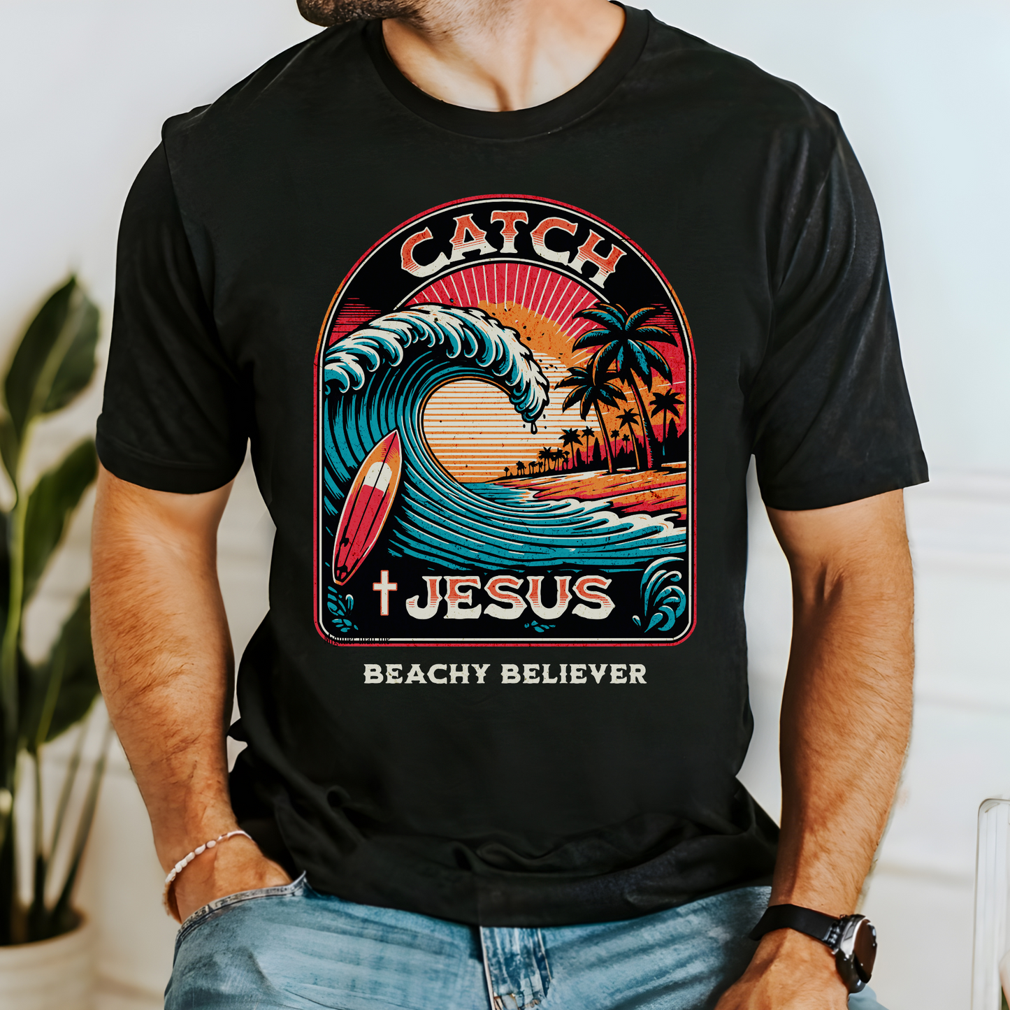 Retro Style Large Wave Catch Jesus, Christian T-Shirt