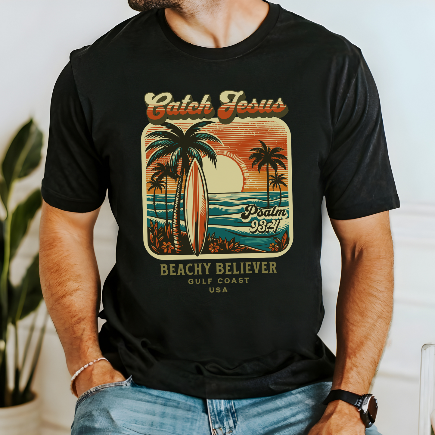 Catch Jesus Retro Sunset, Surf Board and Palm Trees T-Shirt