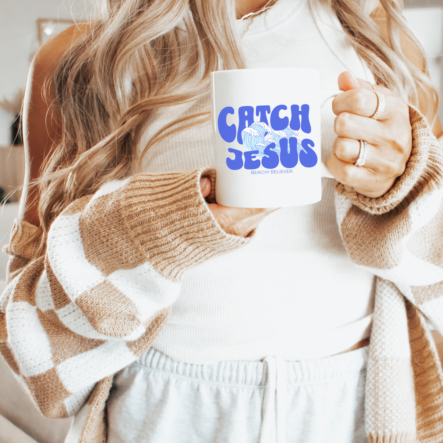 Blue Retro Letters with Wave, Catch Jesus, Christian Ceramic Mug, 11oz