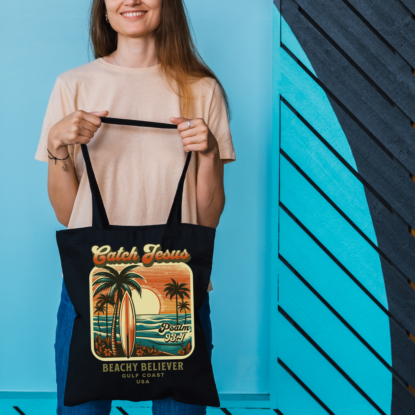 Black, Beachy Believer, Gulf Coast USA, Catch Jesus, Cotton Canvas Tote Bag