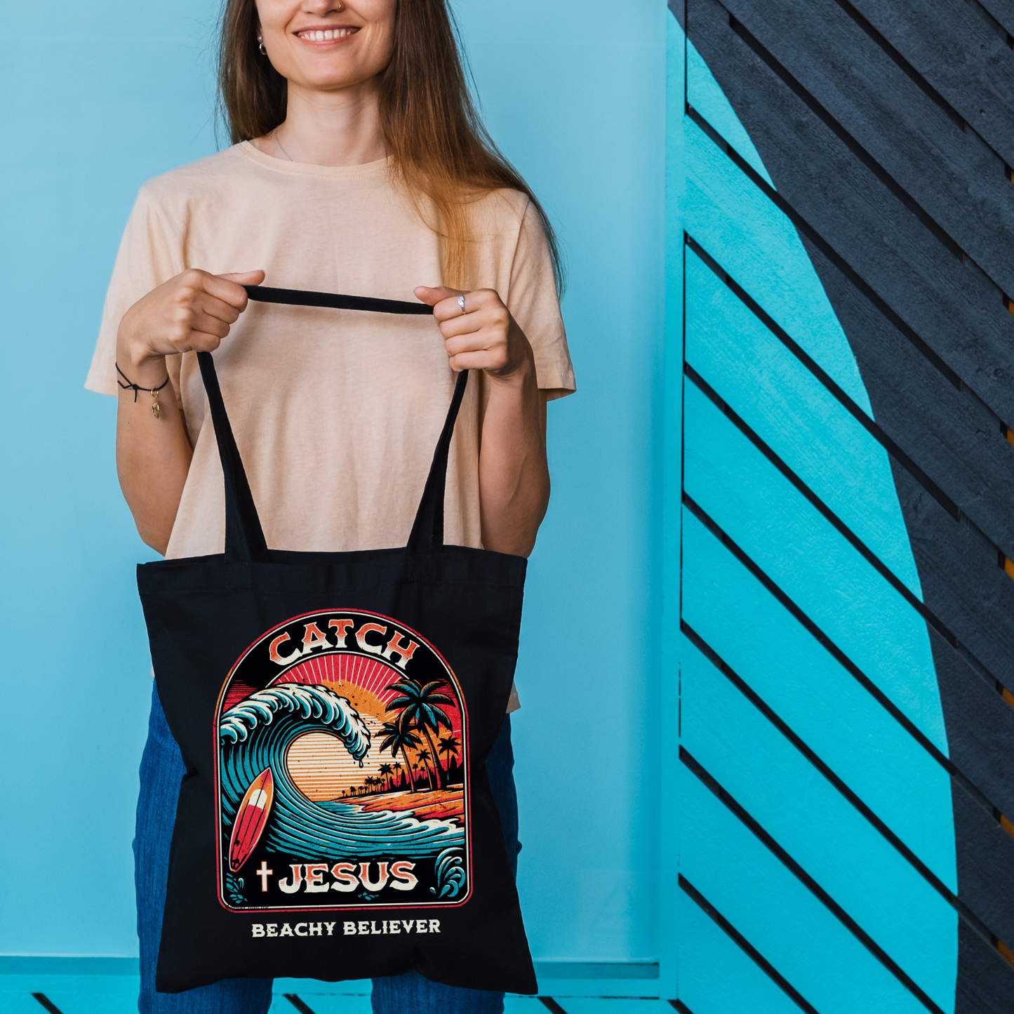 Black Tattoo Style Retro Catch Jesus Cotton Canvas Tote Bag