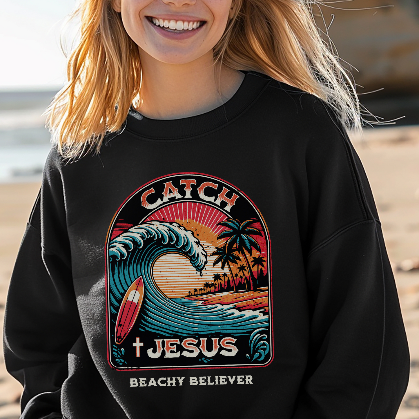 Retro Tattoo style Catch Jesus, Big Wave Crewneck Sweatshirt