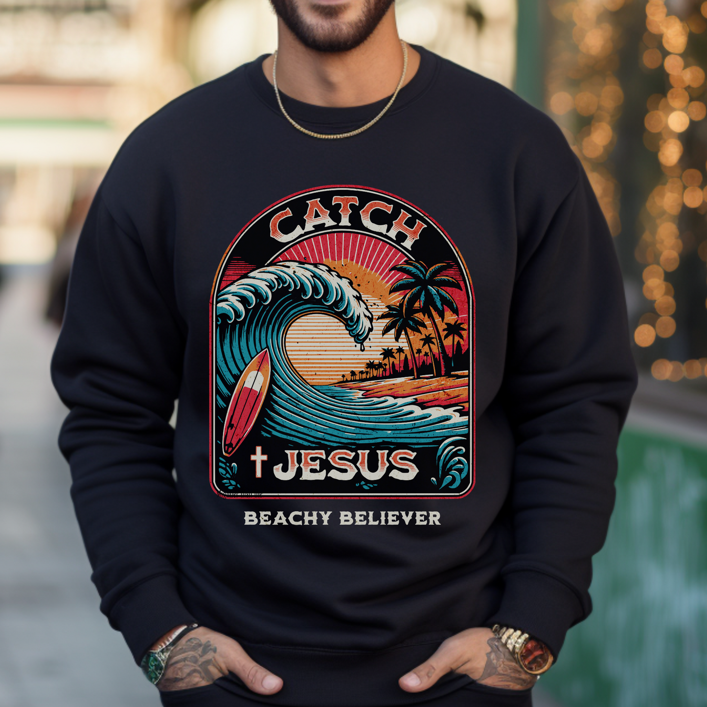 Retro Tattoo style Catch Jesus, Big Wave Crewneck Sweatshirt