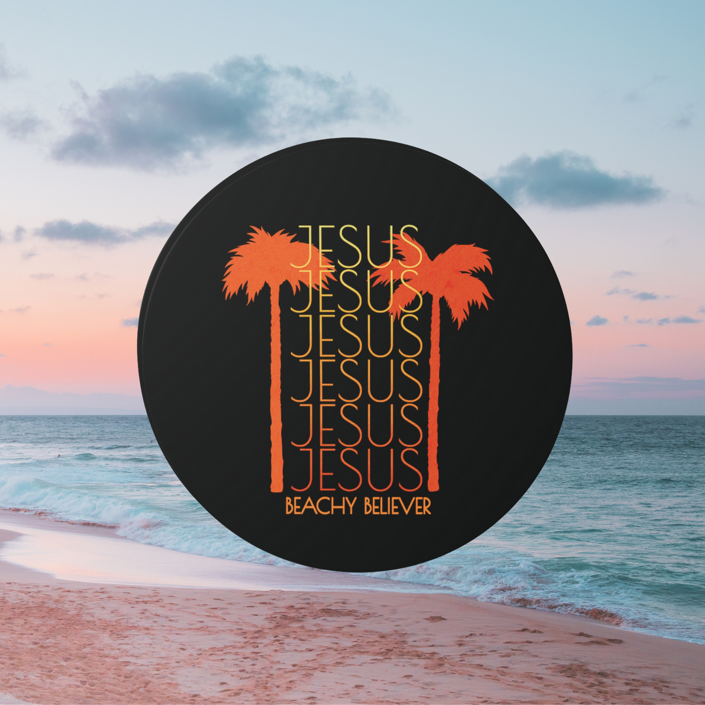 Repeating Jesus with Palm Trees | Vinyl Sticker | Circle 3 inch