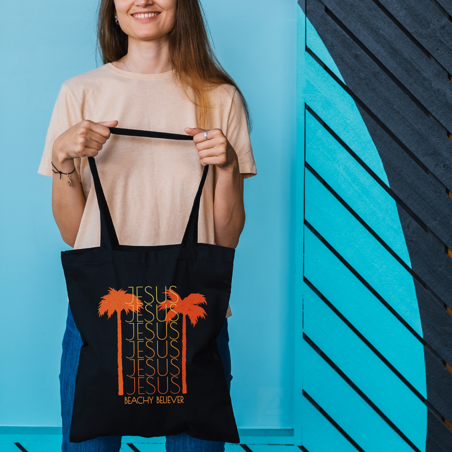 Repeating Jesus Gradient With Palm Trees, Black Cotton Canvas Tote Bag