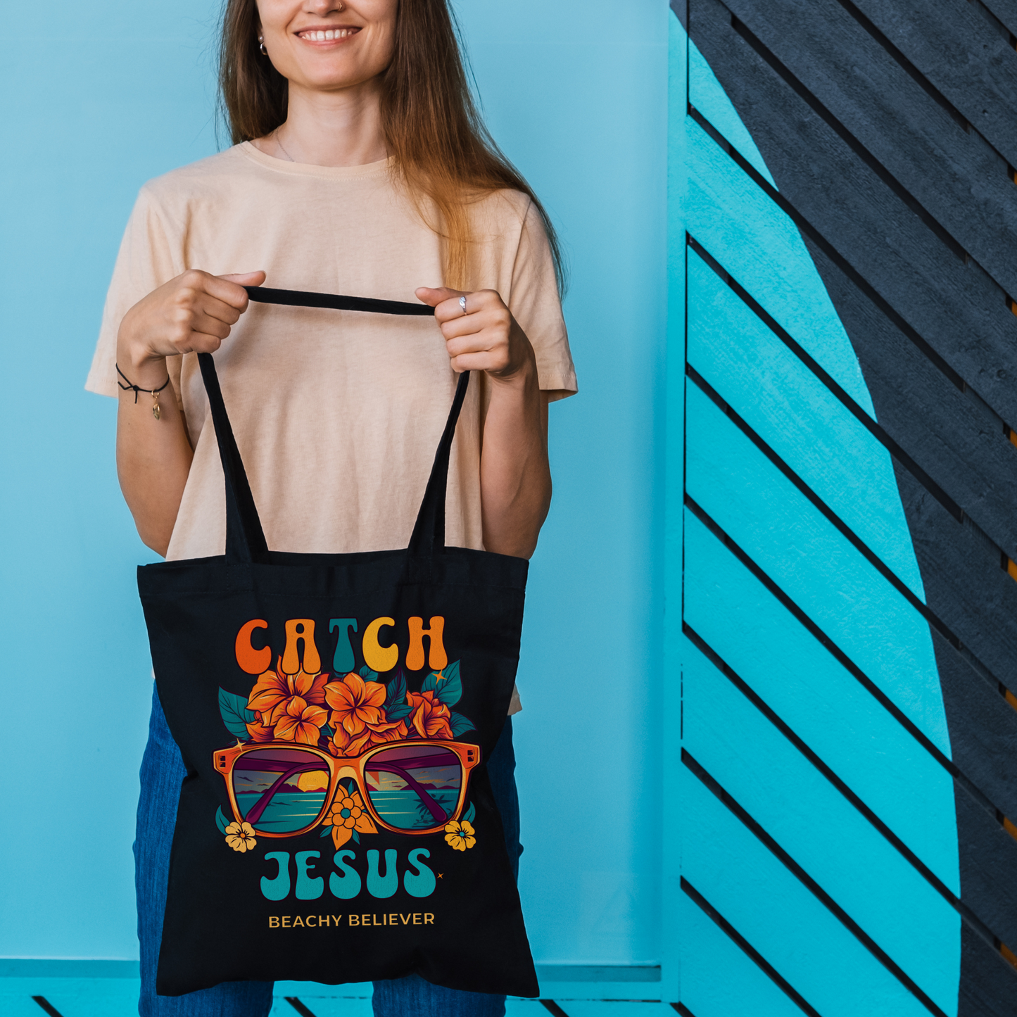 Black Sunglasses and Flowers, Retro Catch Jesus Cotton Canvas Tote Bag