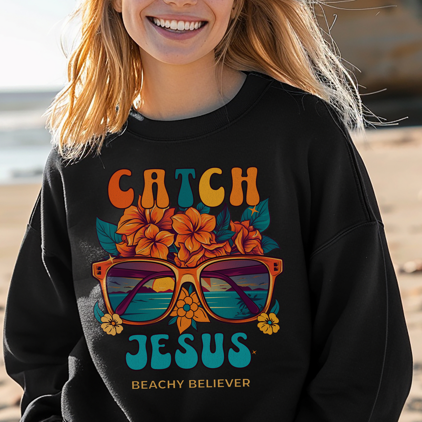 Sunglasses and Flowers, Catch Jesus, Christian Crewneck Sweatshirt