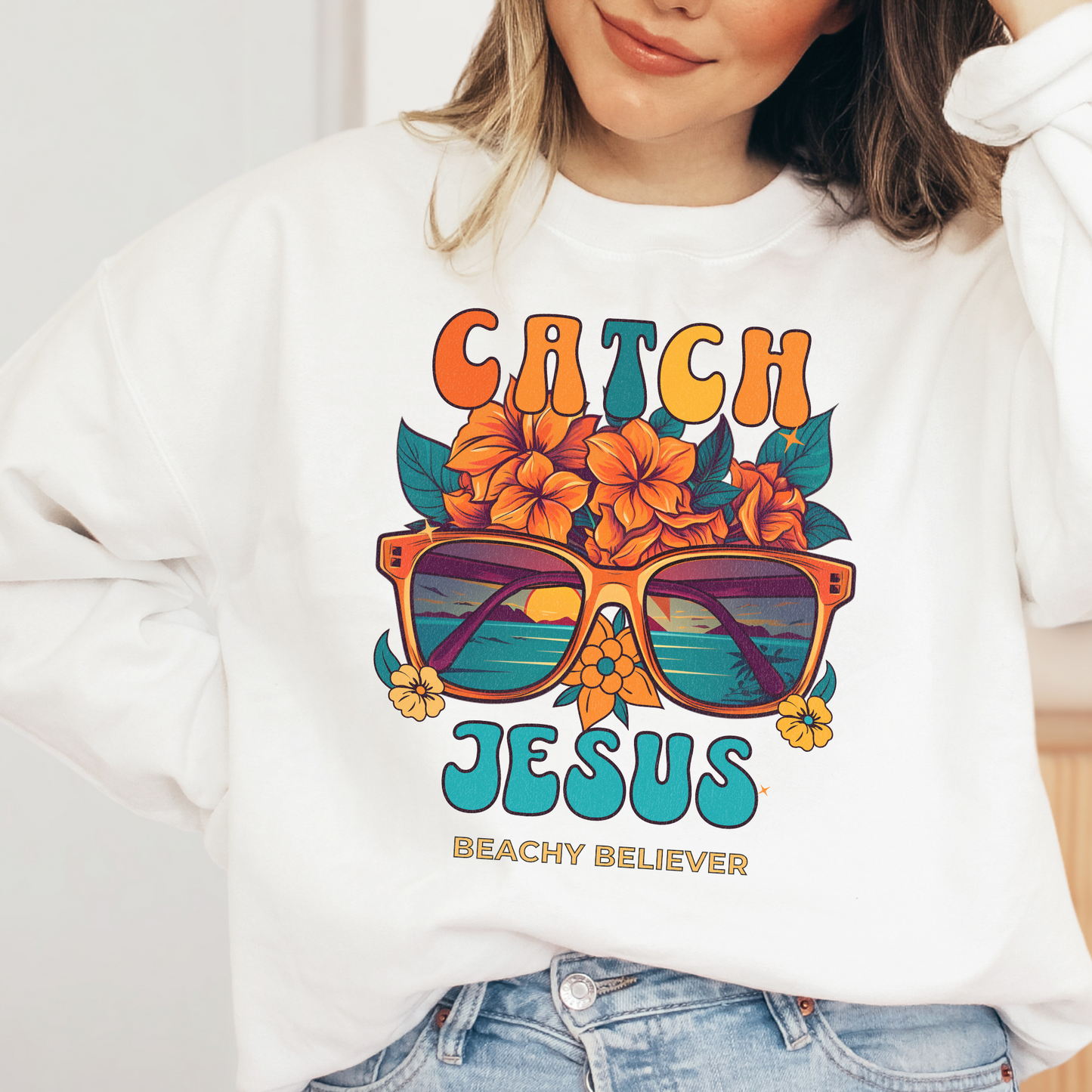 Sunglasses and Flowers, Catch Jesus, Christian Crewneck Sweatshirt