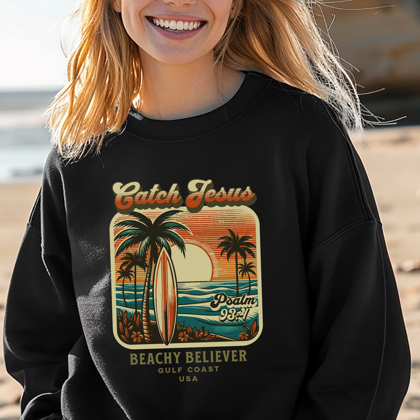 Sunrise Surfboard Palm Tree, Catch Jesus, Beachy Believer, Christian Crewneck Sweatshirt