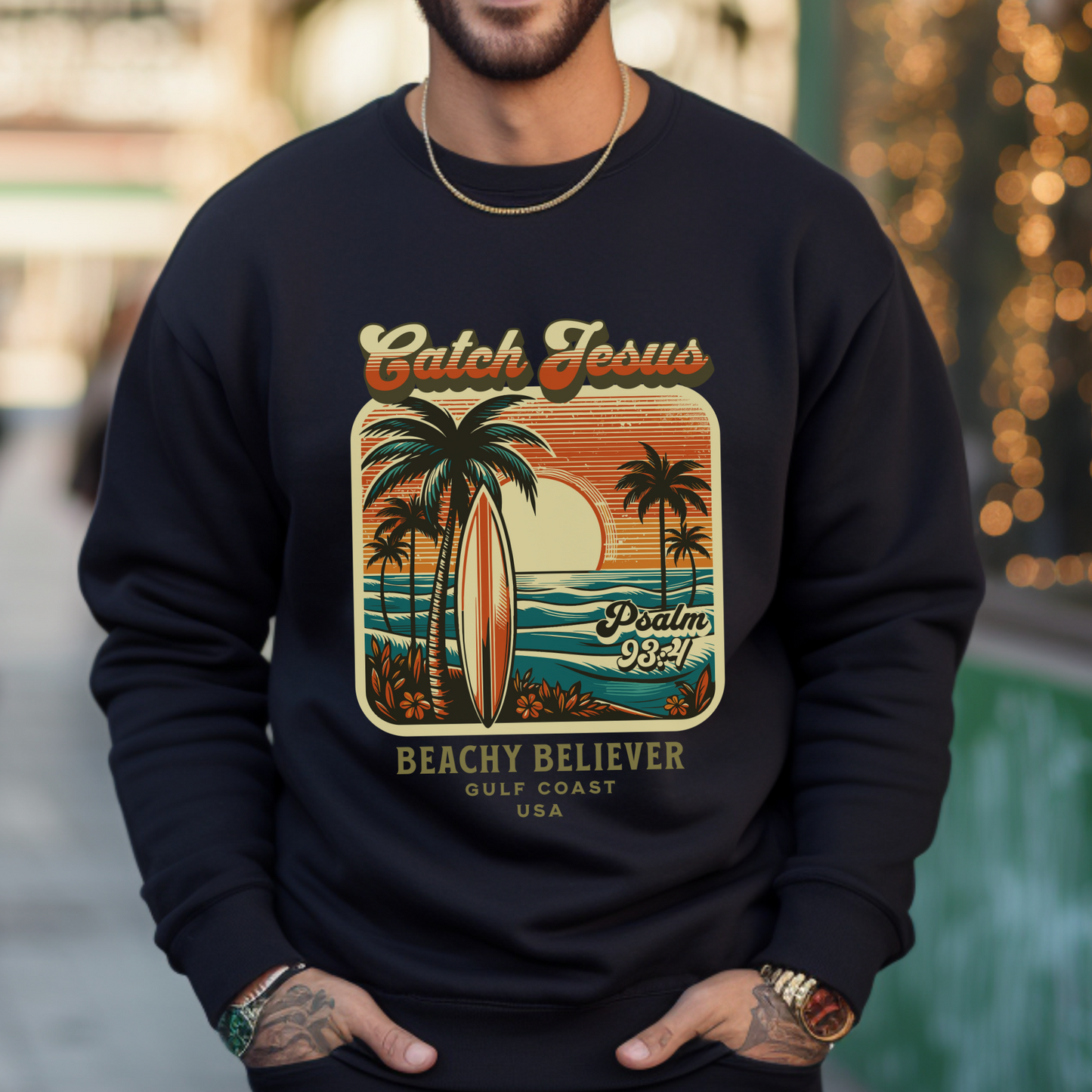 Sunrise Surfboard Palm Tree, Catch Jesus, Beachy Believer, Christian Crewneck Sweatshirt