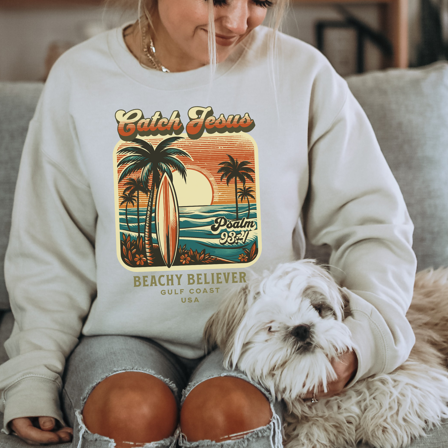 Sunrise Surfboard Palm Tree, Catch Jesus, Beachy Believer, Christian Crewneck Sweatshirt