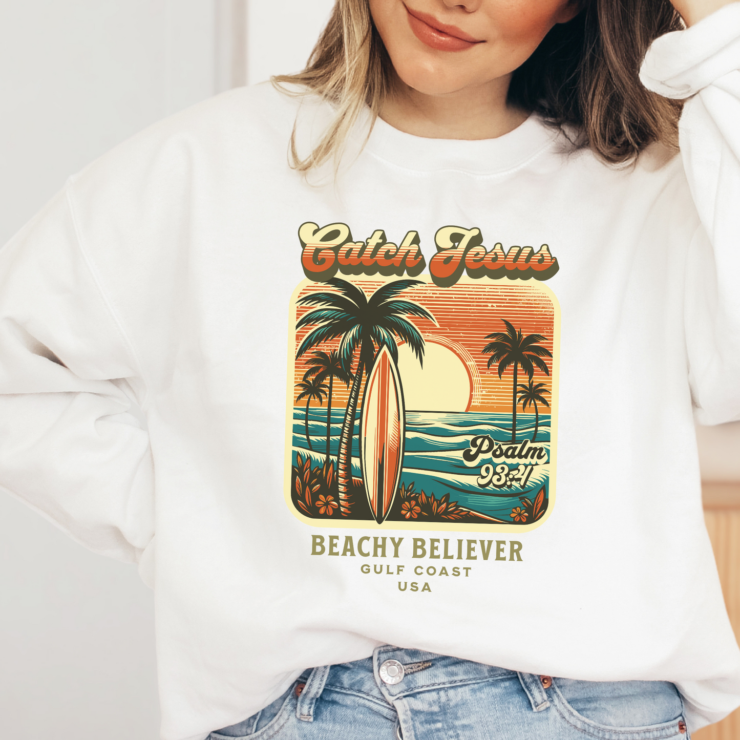 Sunrise Surfboard Palm Tree, Catch Jesus, Beachy Believer, Christian Crewneck Sweatshirt