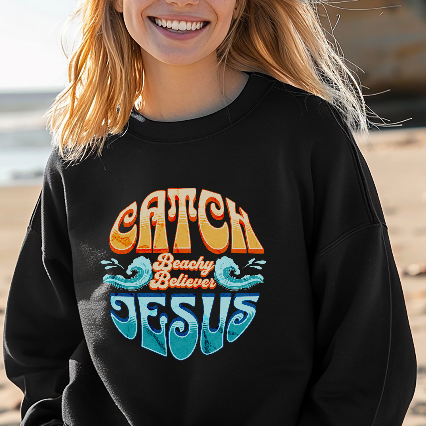 Round Retro,  Catch Jesus With Waves, Christian Crewneck Sweatshirt