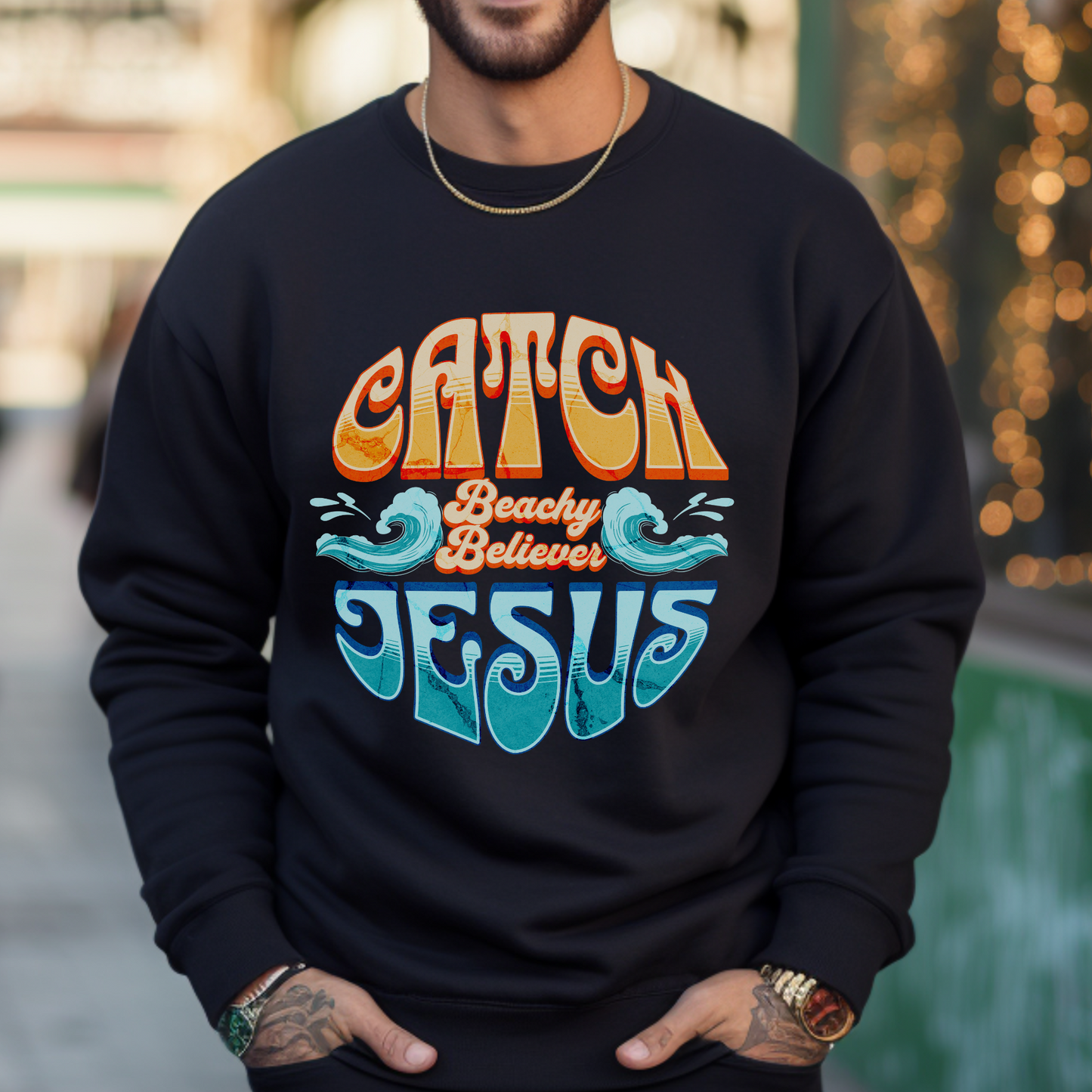 Round Retro,  Catch Jesus With Waves, Christian Crewneck Sweatshirt