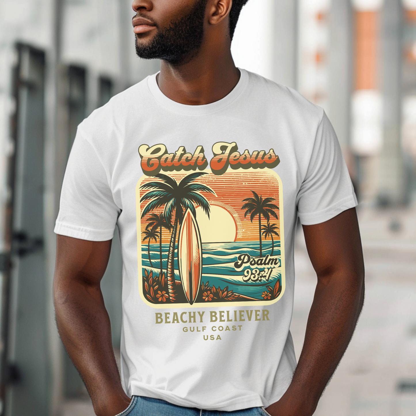 Catch Jesus Retro Sunset, Surf Board and Palm Trees T-Shirt