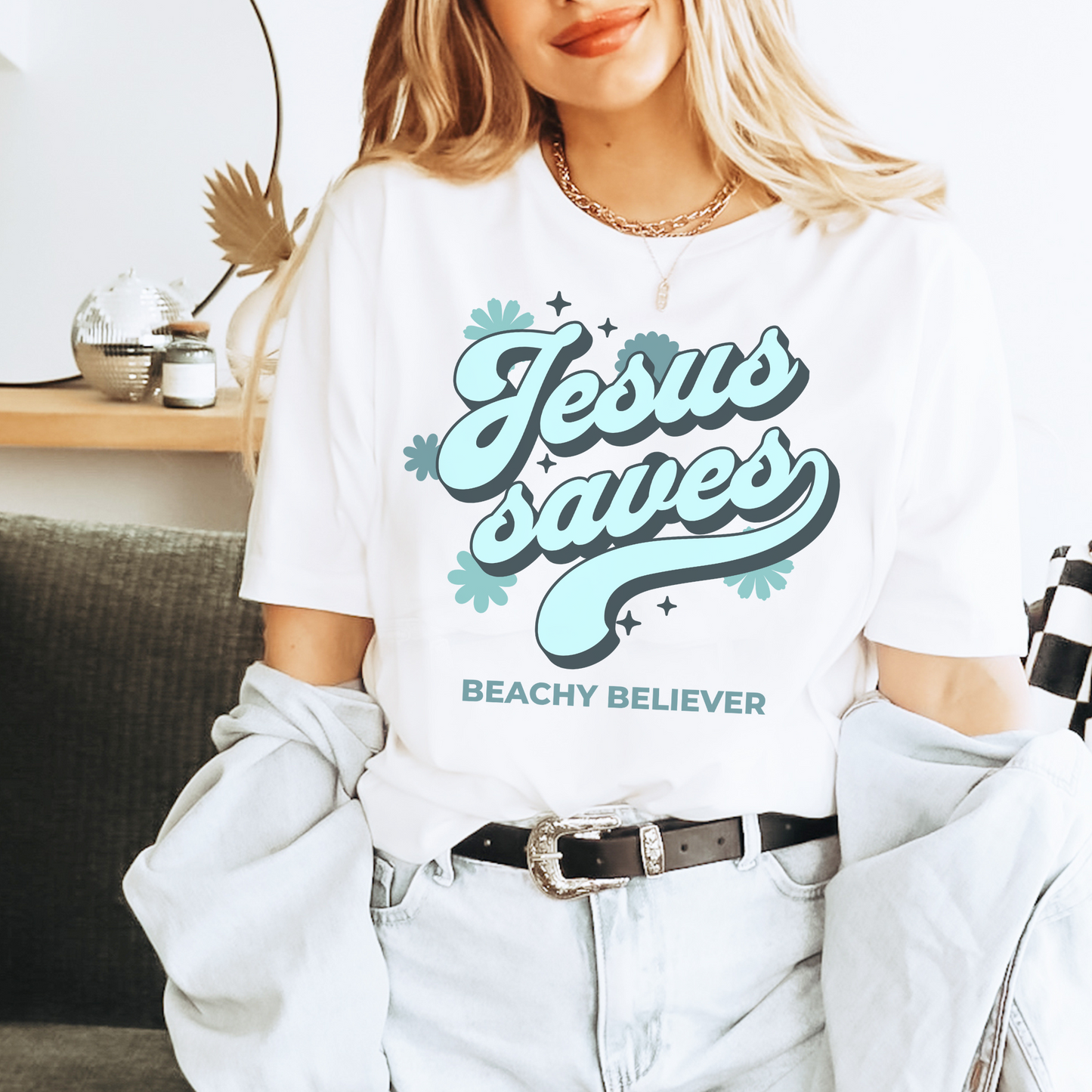 Aqua Floral Retro, Jesus Saves, Christian T-Shirt