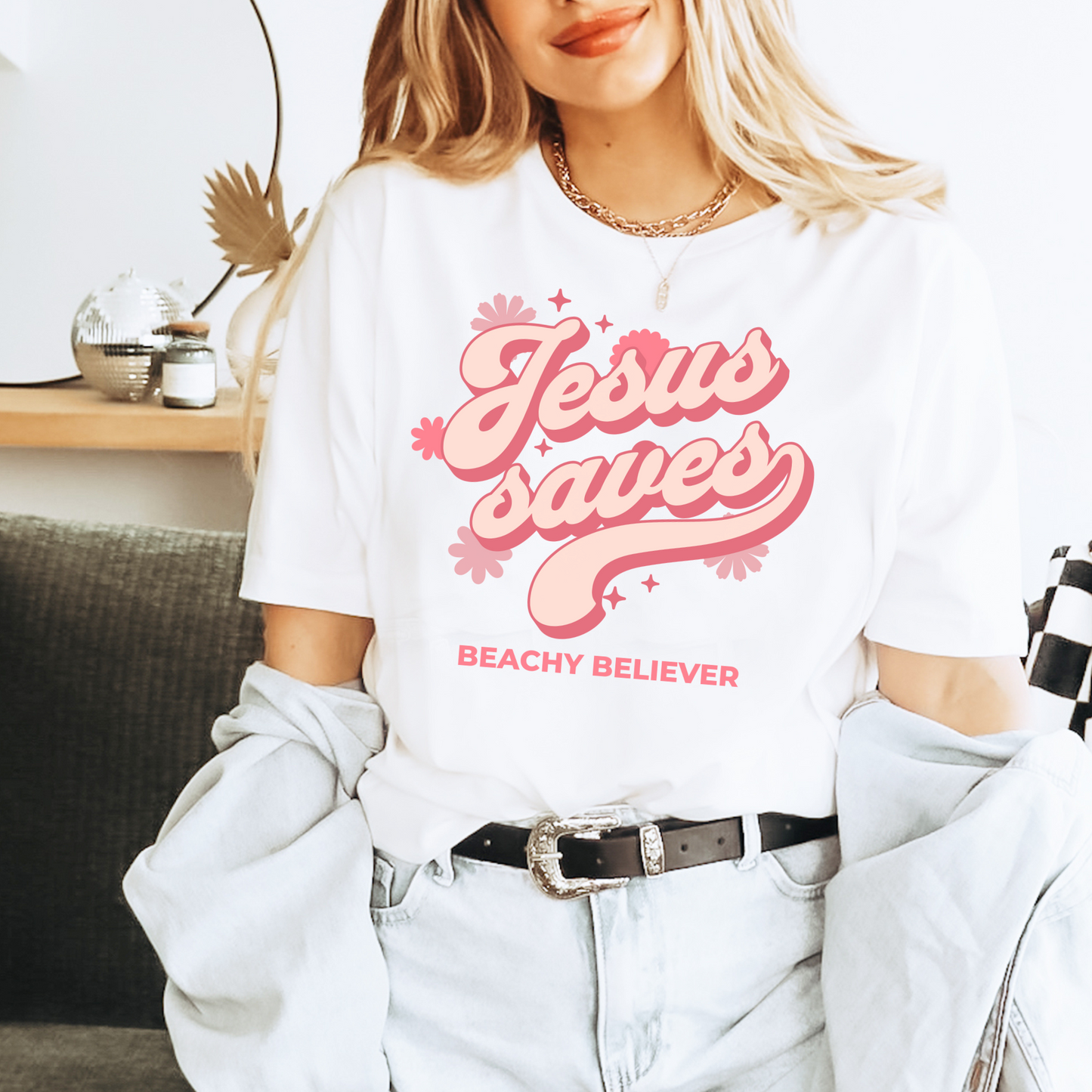 Pink Retro Floral Jesus Saves T-Shirt