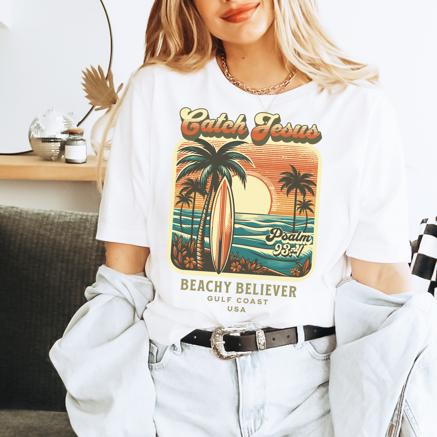 Catch Jesus Retro Sunset, Surf Board and Palm Trees T-Shirt